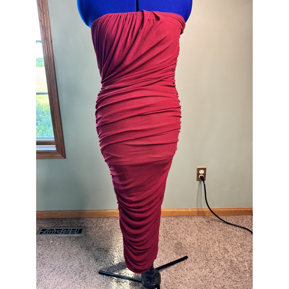 JLUXLABEL Red Shimmer Ruched Strapless Midi Dress Size L NWT